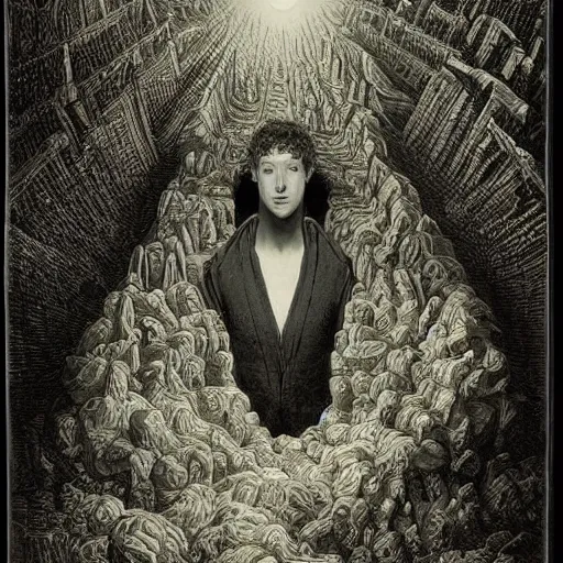 Image similar to a 1 3 th century, enigmatic, melancholic, mark zuckerberg ( look like ( ( mark zuckerberg ) ), is ( ( building a machine ) ). light dust, magnificent, hyperdetailed, theatrical, painted by gustave dore