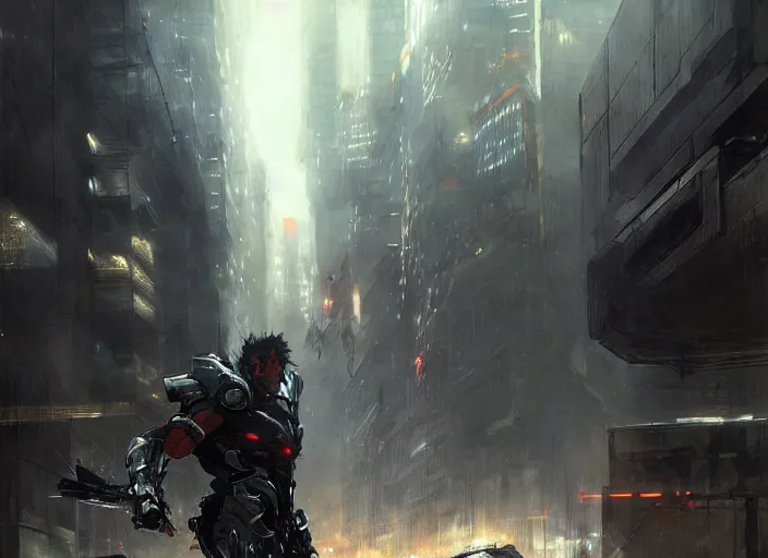 Image similar to samuel rodriguez from metal gear rising revengeance in the city by greg rutkowski