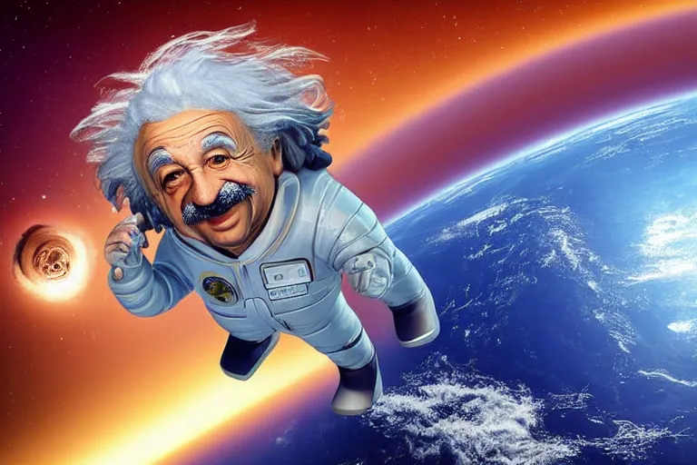 Image similar to still fullbody photo of sad albert einstein in spacesuit in space, flying island at background, flat earth on elephants and turtle at background, highly detailed, photorealistic shot, bright studio setting, studio lighting, crisp quality and light reflections, unreal engine 5 quality render