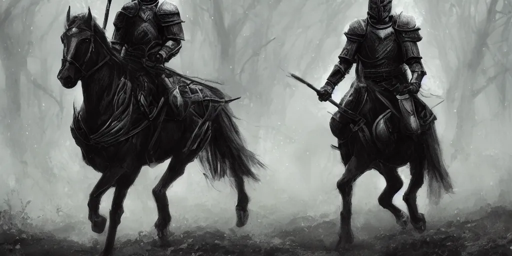 Prompt: a whole-length portrait of a black knight on horseback many dry branch with man ,wearing armor , In the morning mist ,artstation