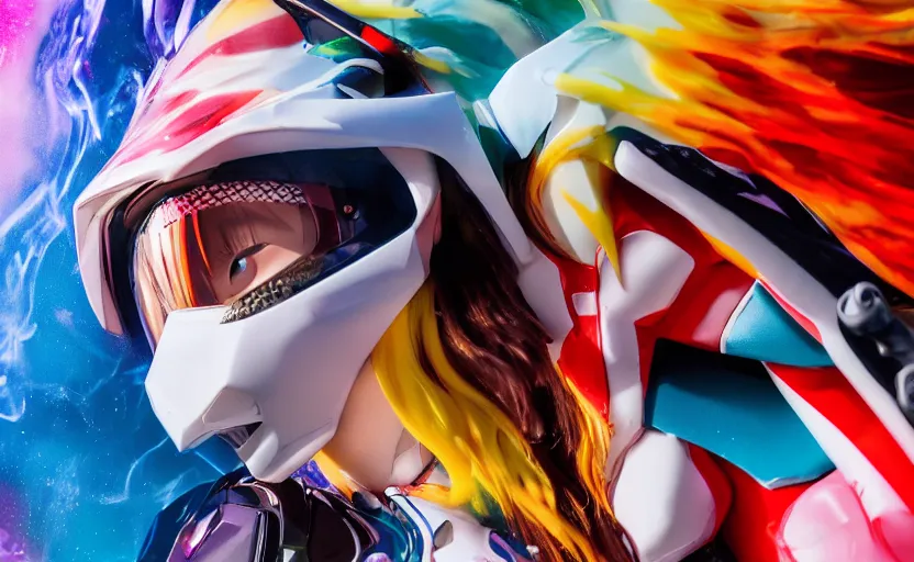 Image similar to beautifully lit medium close up photo of a white marble statue of an anime girl with colorful motocross logos and motorcycle helmet with closed visor, colorful smoke in the background, carved marble statue, fine art, neon genesis evangelion, virgil abloh, offwhite, denoise, highly detailed, 8 k, hyperreal