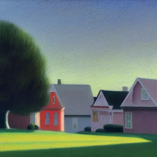 Prompt: suburban american neighborhood on early morning with mist over the houses, painting by edward hopper, illustration, 4k, high quality, 1980, pastel colors, film grain,