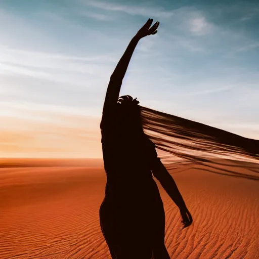 Image similar to Woman made out of sand sitting in desert at dusk and staring down at her hand as it slowly blows away into the wind. high quality, ultra detail, artistic lighting, artistic, award winning photo,