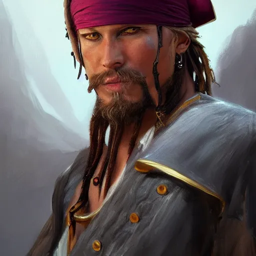 Image similar to pirate closeup portrait, dramatic light, lake background, 2 0 0 mm focal length, painted by stanley lau, painted by greg rutkowski, painted by stanley artgerm, digital art, trending on artstation