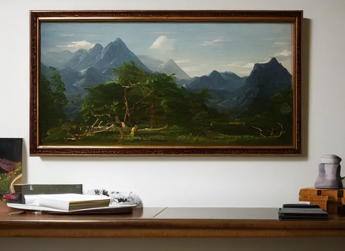 Image similar to painting of a tadao ando house in front of beautiful mountains by thomas cole