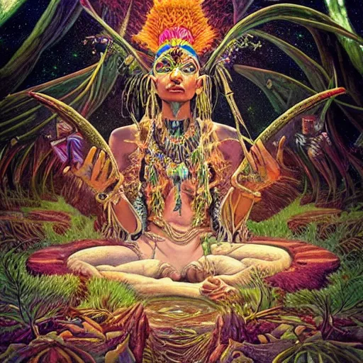 Prompt: fantasy art, highly detailed, beautiful, surreal, ayahuasca shaman, smooth, trending on artstation, beautiful, serene, meditating, by moebius