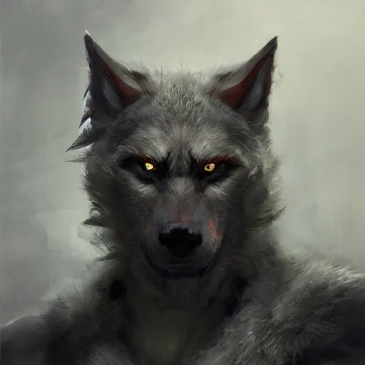 Image similar to werewolf wearing a suit by ruan jia, portrait