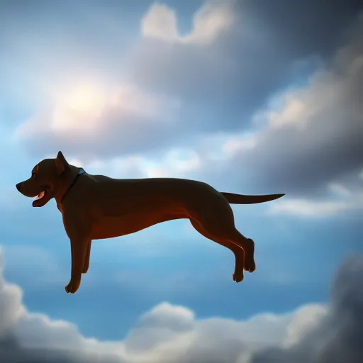 Prompt: portrait of a dog floating in the sky, 8k, 3D render, trending on artstation