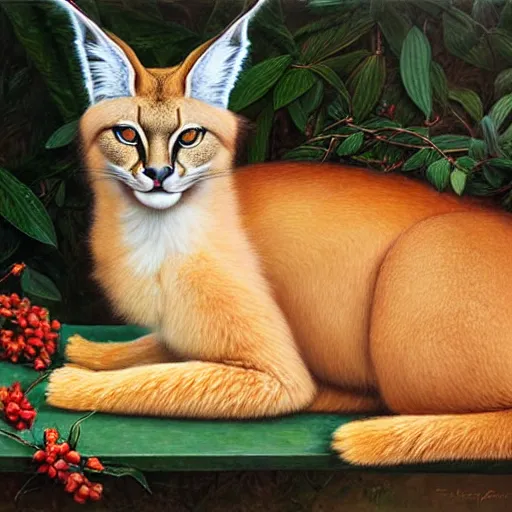 Image similar to fullbody portrait of cute fluffy caracal, wearing laurel wreath on his head, illustration, high detail, francine van hove