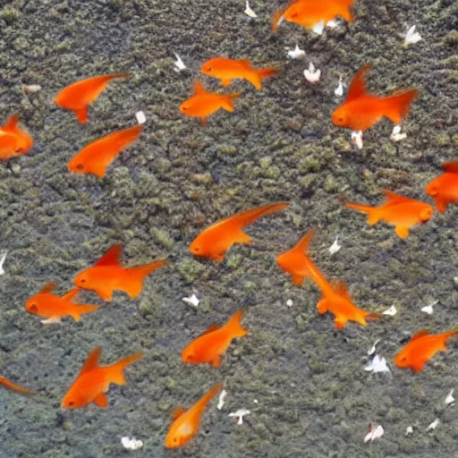 Image similar to oasis in the desert, many goldfish fly in the sky