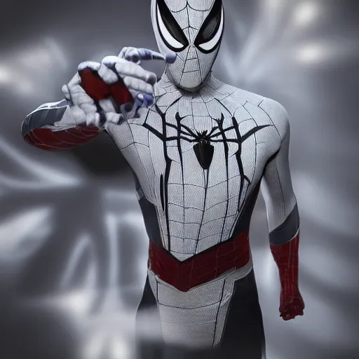 Image similar to white spider - man suit with black web lining, cinematic, volumetric lighting, realistic, hyperdetailed, photorealistic, photograph