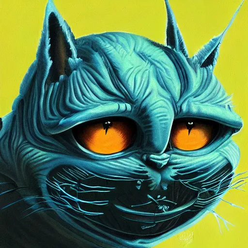 Image similar to painting of an alien cat creature that looks like garfield, in the style of wayne barlowe