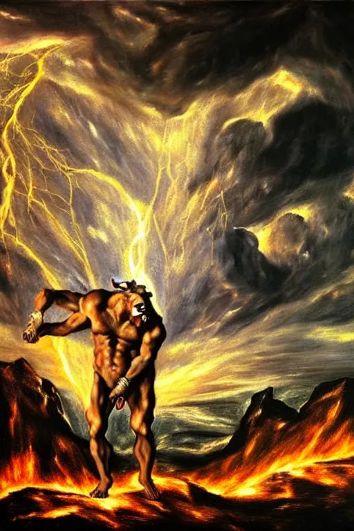 Image similar to oil painting of a minotaur standing in front of a city on fire, photorealism, photo-realistic, 4k, highly detailed,, dramatic lightning, by El Greco,