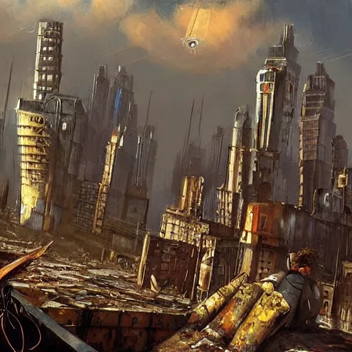 Prompt: post apocalyptic painting of city 1 7 from half - life 2. the citadel is shown towering over the city. highly detailed. painting by esao andrews