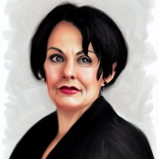 Prompt: a digital portrait of a 57 year old with black hair,hazel green eyes, drawn in the style of mark Arian