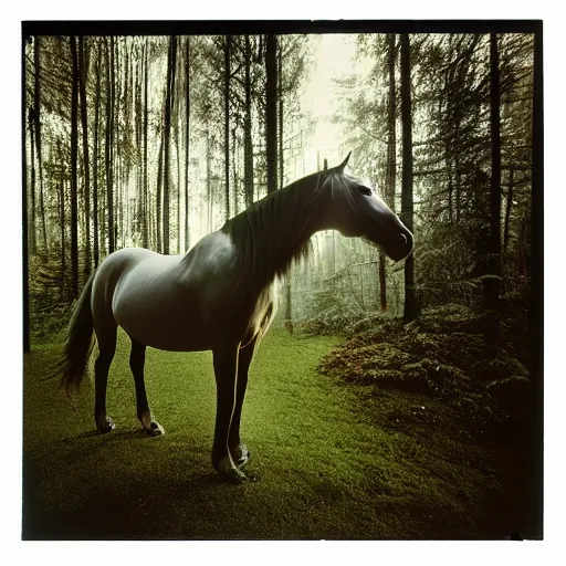 Image similar to 120mm photograph of a horse, wearing a white fly mask, forest , Photo is shot using a Rolleiflex TLR, with Kodachrome film,