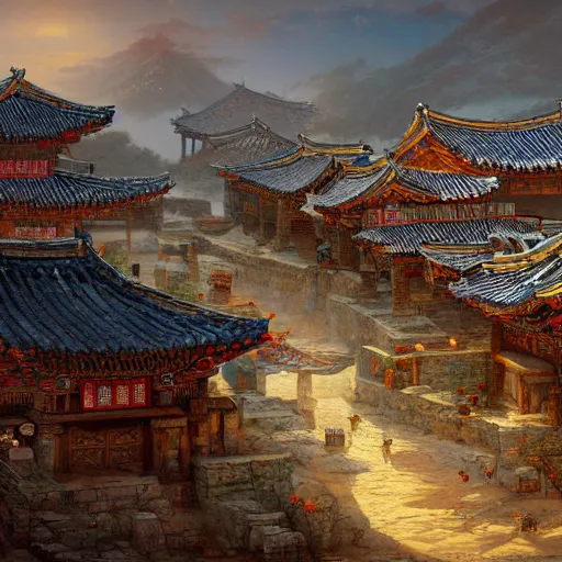 Image similar to artstation concept of an ancient korean village, bright colorful, gold, hyperdetailed, artstation trending, world renowned artists, worth1000.com, historic artworks society, antique renewel, cgsociety, by greg rutkowski, by Gustave Dore, Deviantart