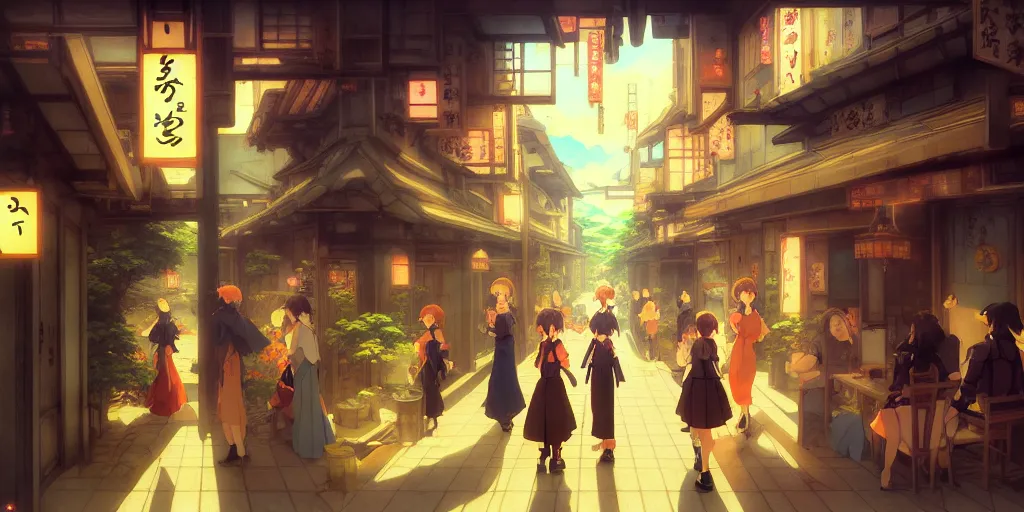 Image similar to baroque oil painting of key visual environment concept art of anime maid cafe in modern japan, brutalist, dark fantasy, rule of thirds golden ratio, fake detail, trending pixiv fanbox, acrylic palette knife, style of makoto shinkai studio ghibli genshin impact jamie wyeth james gilleard greg rutkowski chiho aoshima