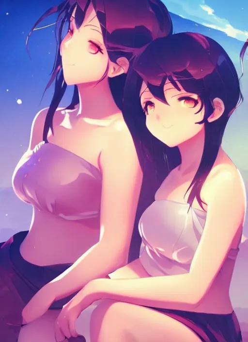 Image similar to two beautiful mothers sitting on a hot summer evening, gorgeous faces, thick lines, cinematic lighting, detailed anime art