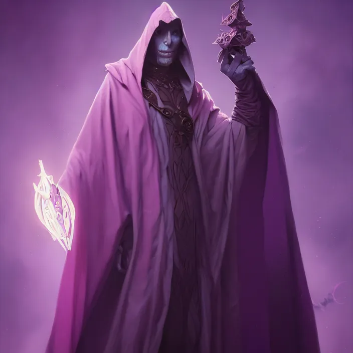 Prompt: excellent painted portrait of the purple cloaked lich, character artwork, 8k resolution artwork, trending on artstation, octane render, art by Brom and greg rutkowski and alphonse mucha and craig mullins and James Jean and Andrei Riabovitchev and Marc Simonetti and peter mohrbacher