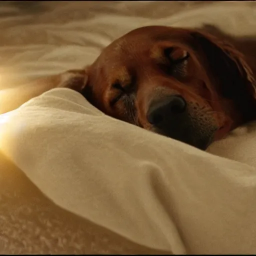 Image similar to close - up of a dog sleeping in a bed made of planets, sun rays, cinematic shot, photo still from movie by denis villeneuve