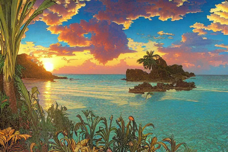 Image similar to a beautifully detailed painting of a caribean tropical shoreline, tranquil waters, sunset, hyperdetailed, worth1000.com, by Dan Mumford, by Alphonse Mucha, artgerm, cgsociety, serenity