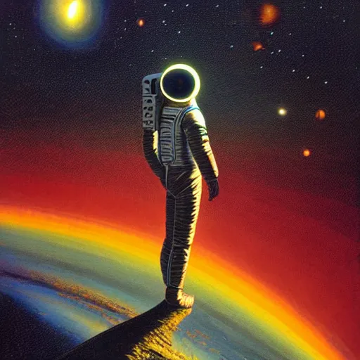 Prompt: an astronaut (viewed from behind) looking at a supermassive black hole, outer space, high contrast, highly detailed, 70s retro sci-fi art, art by jim burns and bruce pennington