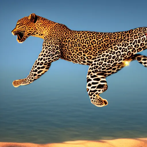 Prompt: a leopard jumping in the water on the beach, highly-detailed, dramatic lighting, artstation, 4k, cinematic landscape