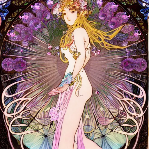 Prompt: fullbody artwork of a goddess of dreams, wearing a long and tight flowery dress, intricate, prism, flowey, wispy, wide hips, attractive character, intangiable, dreamy, Character concept by yoshitaka amano, herbert arnould olivier, alphonse mucha, Akihiko Yoshida, Hyung-tae Kim, alexander mcqueen, trending on Artstation