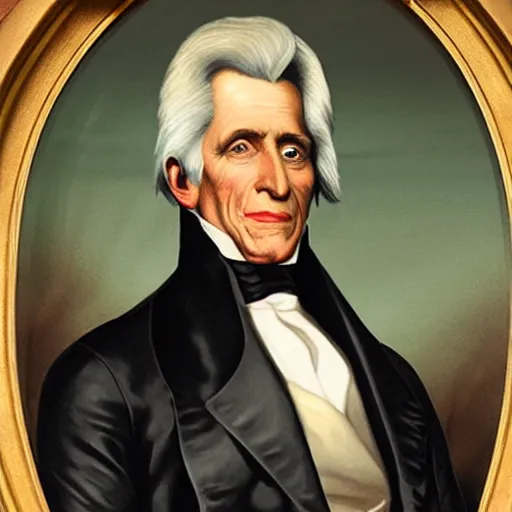 Image similar to presidential portrait of andrew jackson as a vampire, with long canine teeth, and a high - collared cape
