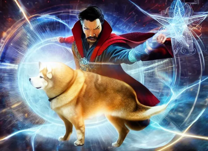 Image similar to dr. strange casting a shield spell in the metaverse with a shiba inu at his feet, hyper realistic, highly detailed, perfect face, smooth, focus, digital art, cinematic