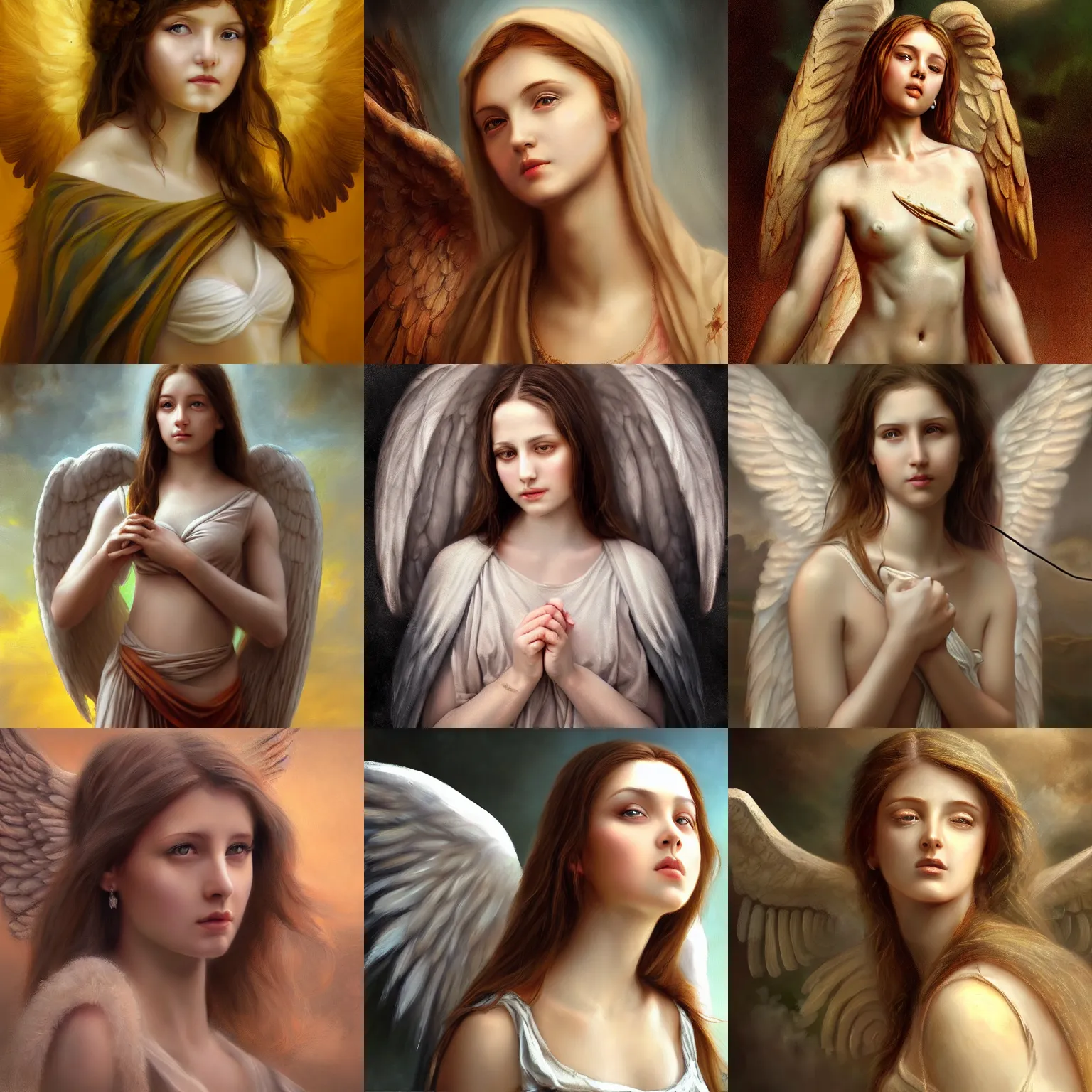 Prompt: a female angel, realistic painting, classical painting, high definition, digital art, matte painting, very detailed, realistic