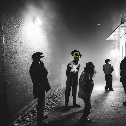 Image similar to an old 5 0 mm photo of a group of men putting on clown makeup in a dark foggy alley