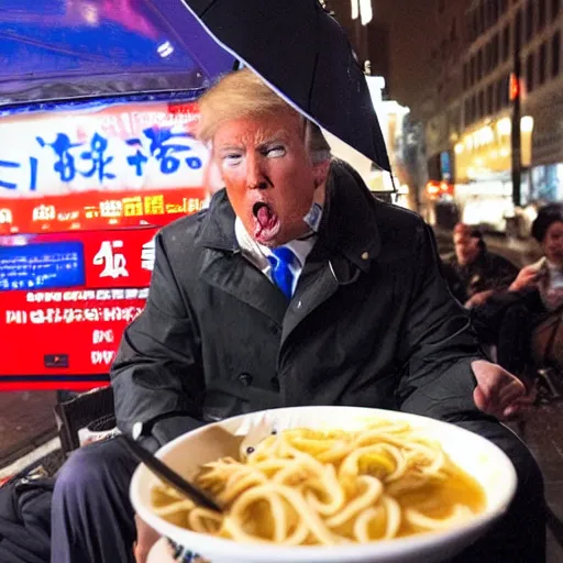 Image similar to donald trump eating maru-chan noodles at a bus stop on a rainy night in New York City in front of Trump Towers