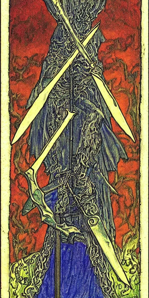 Prompt: knight of swords tarot card by austin osman spare