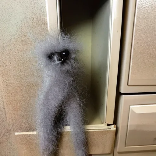 Image similar to strange creepy fuzzy creature found in the cabinet under a sink, dark photograph