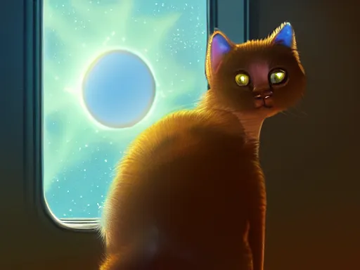 Image similar to cat from behind in space station watching the stars trough a large window, digital painting, dramatic lighting, highly detailed, artstation, concept art