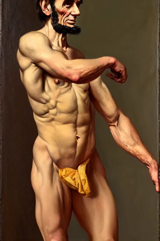Prompt: abraham lincoln as a muscular bodybuilder, oil painting by john currin and lucien freud, detailed art