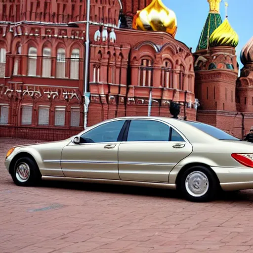 Image similar to gold Mercedes-Benz s500 long in the body 220 (w220) 2002 old year is located on the red square in Moscow