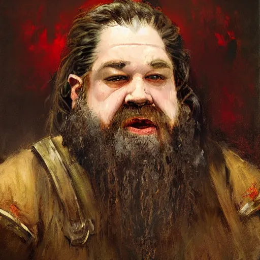 Image similar to Solomon Joseph Solomon and Richard Schmid and Jeremy Lipking victorian genre painting portrait painting of a old rugged actor dwarven king warrior in armor from the hobbit , red background