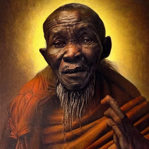 Prompt: a painting of a wise elder from Kenya by Leonardo da Vinci . dramatic angle, ethereal lights, details, smooth, sharp focus, illustration, realistic, cinematic, artstation, award winning, rgb , unreal engine, octane render, cinematic light, macro, depth of field, blur, red light and clouds from the back, highly detailed epic cinematic concept art CG render made in Maya, Blender and Photoshop, octane render, excellent composition, dynamic dramatic cinematic lighting, aesthetic, very inspirational, arthouse.