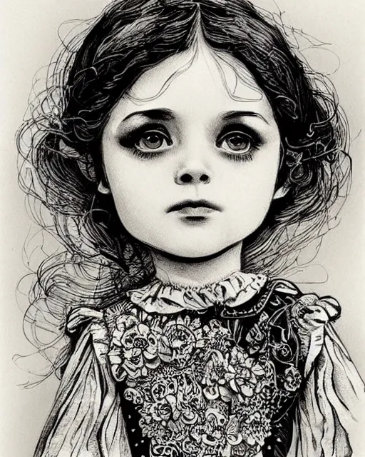 Prompt: little victorian girl, black ink on paper, trending on artstation, beautiful, intricate, detailed