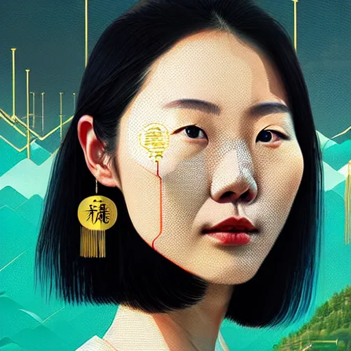 Image similar to portrait of a chinese woman :: side profile :: blood :: background sea :: intricate details in gold :: oxygen implant :: 8k :: simon stalenhag and Sandra Chevrier