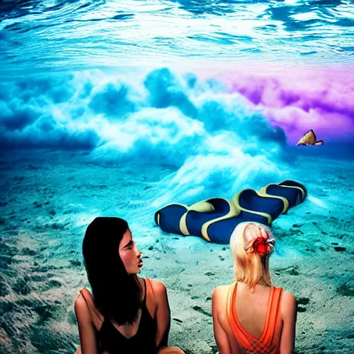 Prompt: dreamlike film photography of a three beautiful women in black one piece swimsuits sitting at a picnic table eating sandwhiches at night underwater in front of colourful underwater clouds by Kim Keever. In the foreground floats a seasnake. low shutter speed, 35mm