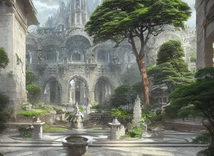 Image similar to A wide open courtyard in a beautiful elven city made of white marble, anime, lush trees, fountain, a fantasy digital painting by Greg Rutkowski and James Gurney, trending on Artstation, highly detailed