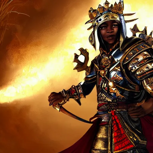 Image similar to a young black boy dressed like an african moorish warrior in gold armor and a crown with a ruby, charging through a dragons lair, for honor character digital illustration portrait design, by adi granov, dramatic lighting, wide angle dynamic action shot