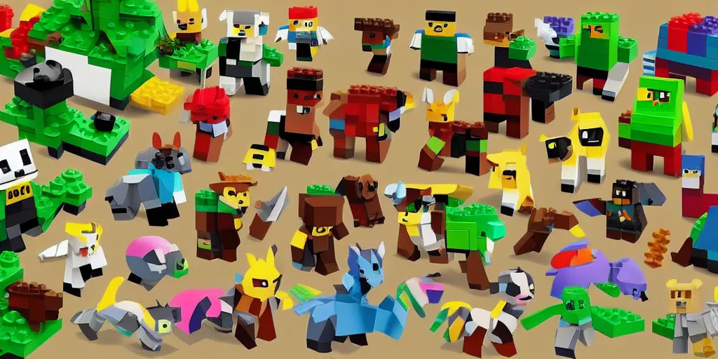 Image similar to small creatures made of a single brick, four legged, quadrupedal, cute looking, kawaii, sharp focus, character sheet, game concept art, blocky, lego mixels, flat toon style like katamari damacy inspired, pokemon inspired, blocky like minecraft