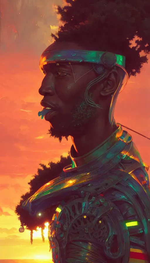 Image similar to portrait of a jamaican fisherman sci - fi glowing fishing armor muscular cyberpunk intricate elegant highly detailed digital painting artstation concept art, jamaican flag background, greg rutkowski, loish, rhads, ferdinand knab, makoto shinkai and lois van baarle, ilya kuvshinov, rossdraws, tom bagshaw