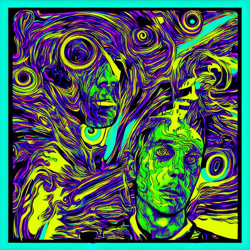 Image similar to “acid techno, digital art in the style of Mad Dog Jones and Jonathan Zawada”