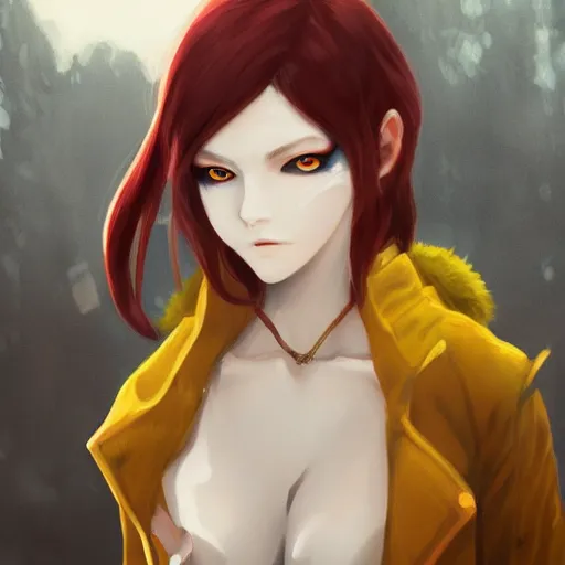 Image similar to a pale redheaded demoness with yellow eyes and horns wearing a jacket, highly detailed, digital painting, artstation, matte, by makoto shinkai, animation style